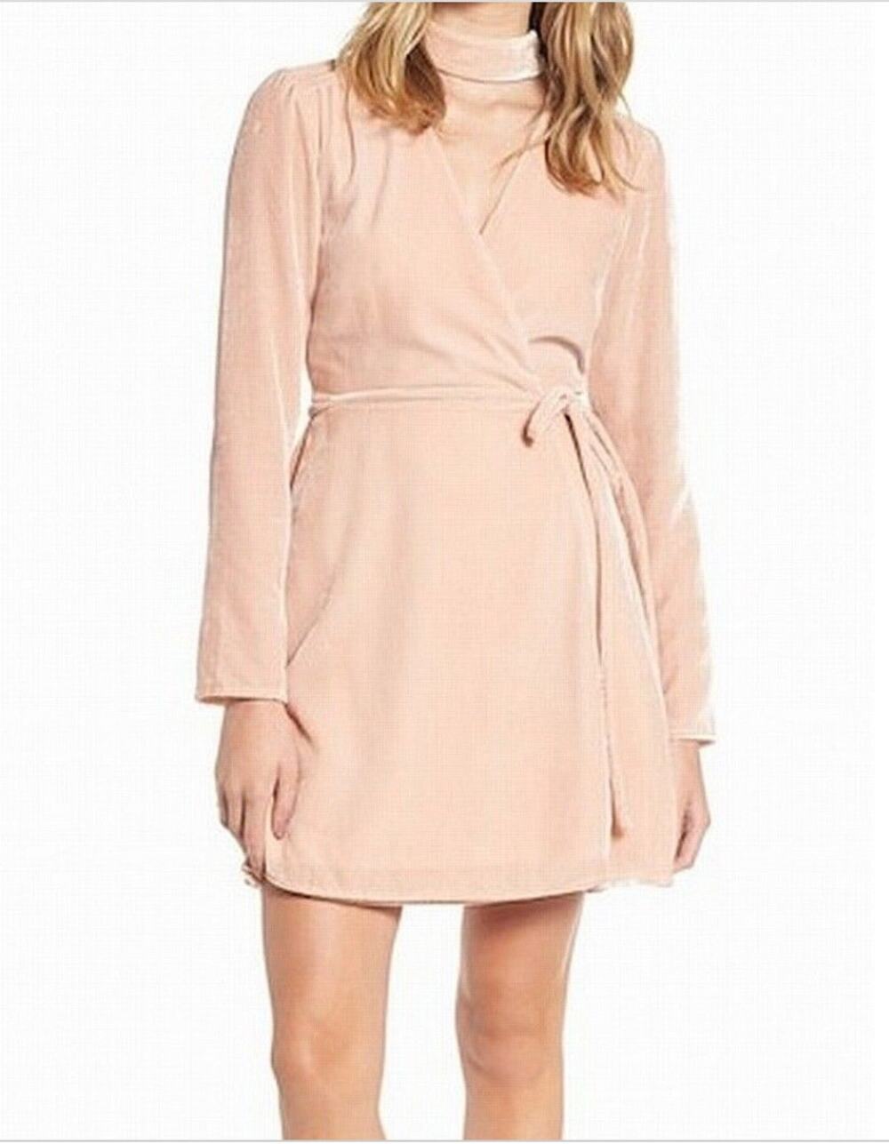 WAYF Pink Velvet Choker Mini Wrap Dress // S